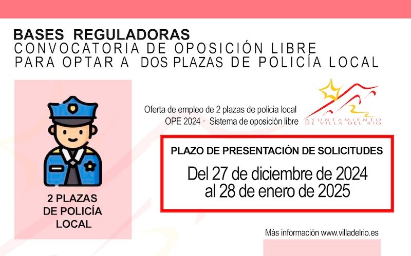 Oposición libre de dos plazas para la Policía local de Villa del Río