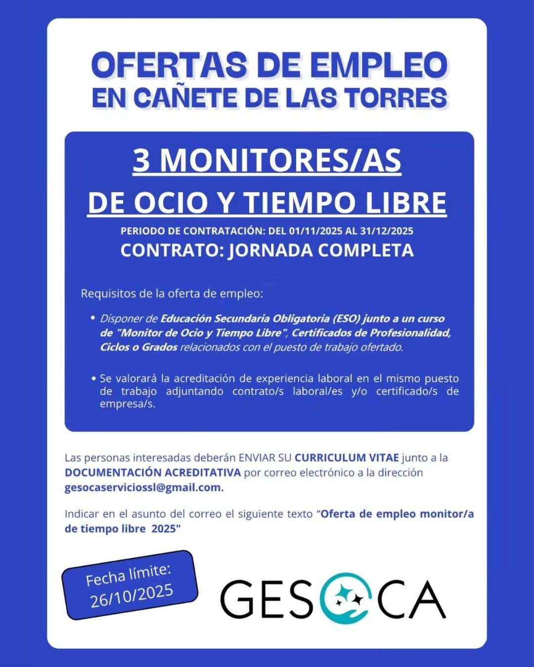 Oferta de Empleo: 3 Monitores/as de Ocio y Tiempo Libre