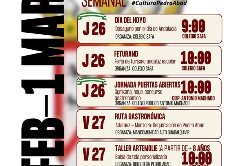 Agenda cultural de Pedro Abad del 23 de febrero al 1 de marzo