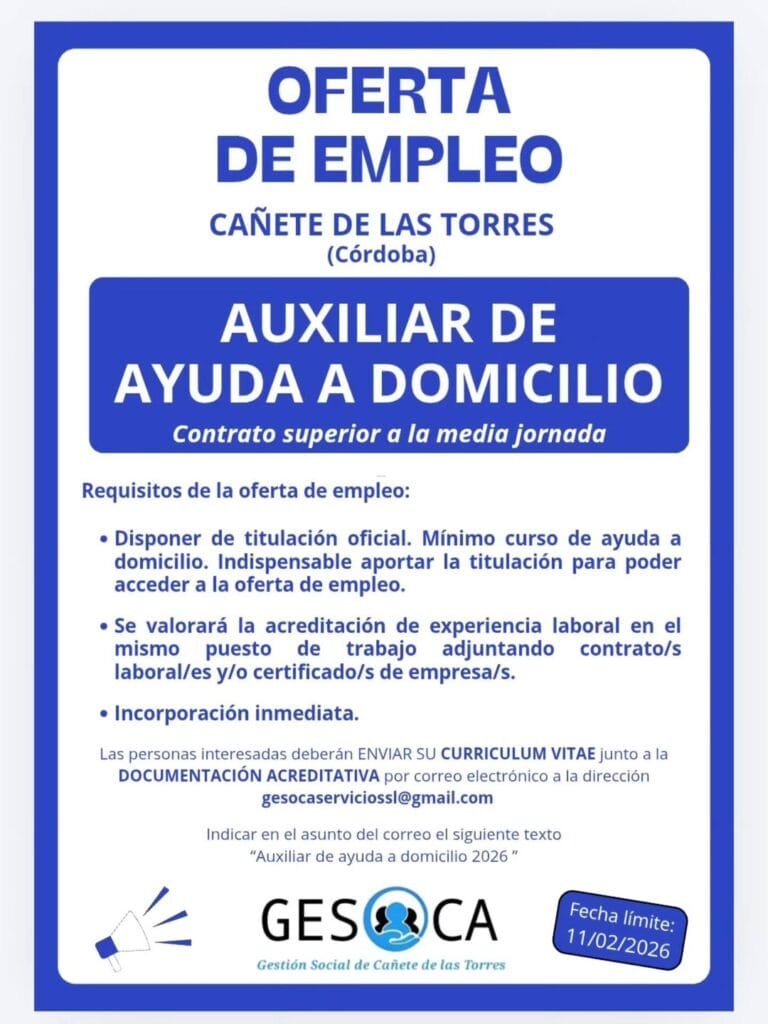 Oferta de empleo | Auxiliar de ayuda a domicilio en Cañete de las Torres (Córdoba)