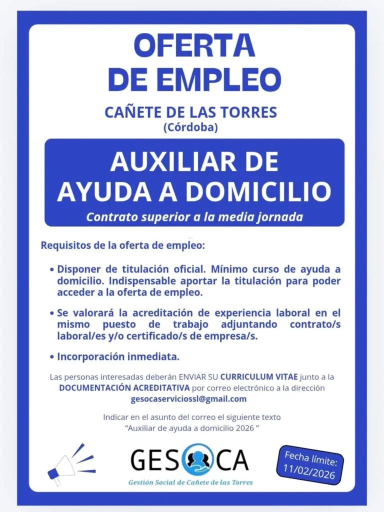 Oferta de empleo | Auxiliar de ayuda a domicilio en Cañete de las Torres (Córdoba)