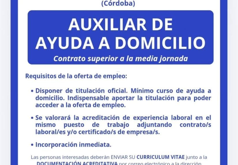 Oferta de empleo | Auxiliar de ayuda a domicilio en Cañete de las Torres (Córdoba)