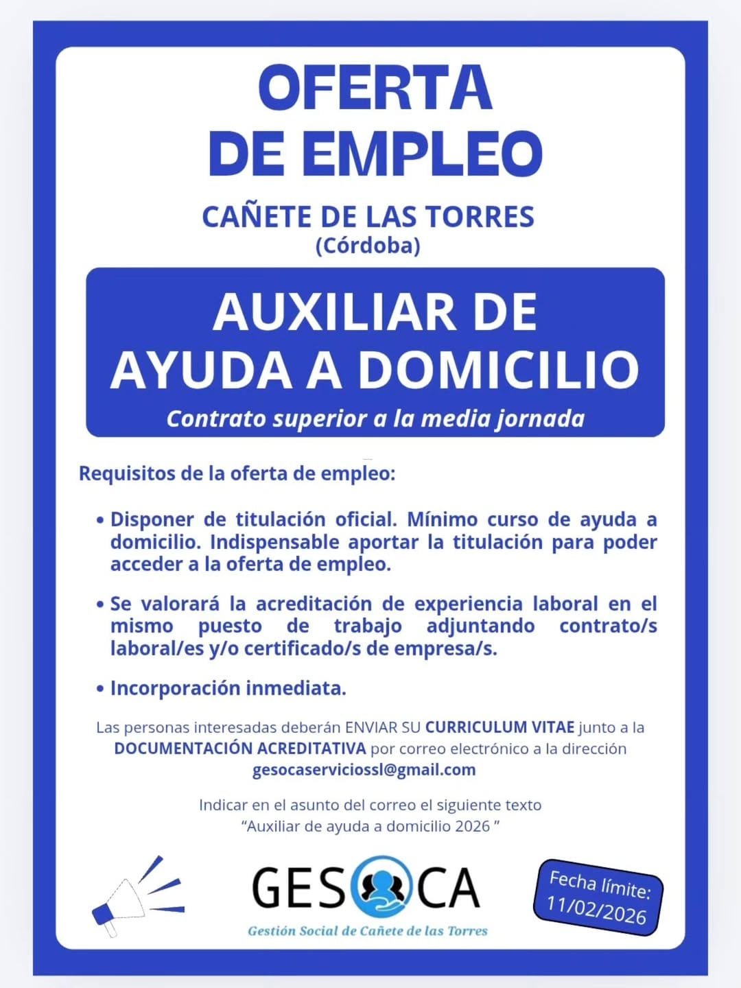 Oferta de empleo | Auxiliar de ayuda a domicilio en Cañete de las Torres (Córdoba)
