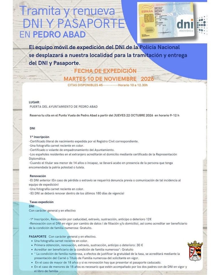 Tramita o renueva tu DNI y pasaporte sin salir de Pedro Abad